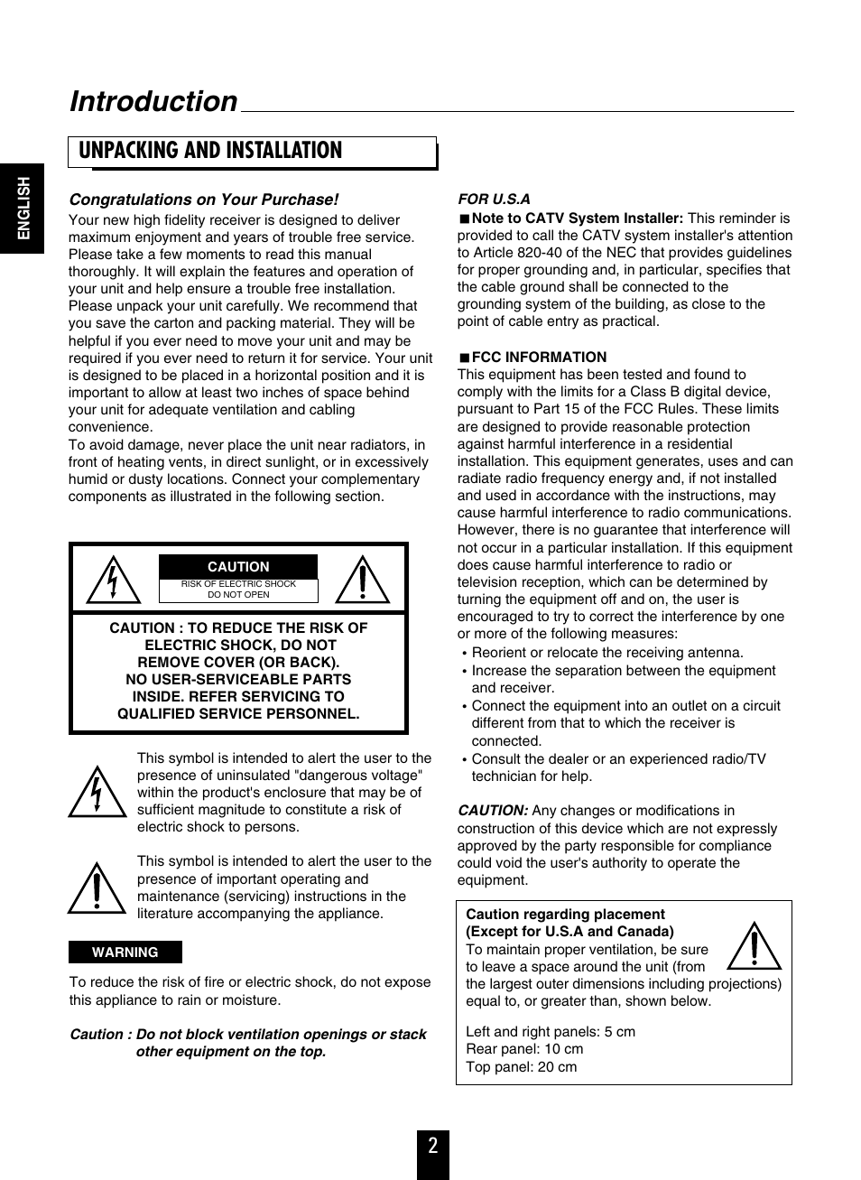 Introduction, Unpacking and installation | Sherwood RD-6108 User Manual | Page 2 / 25