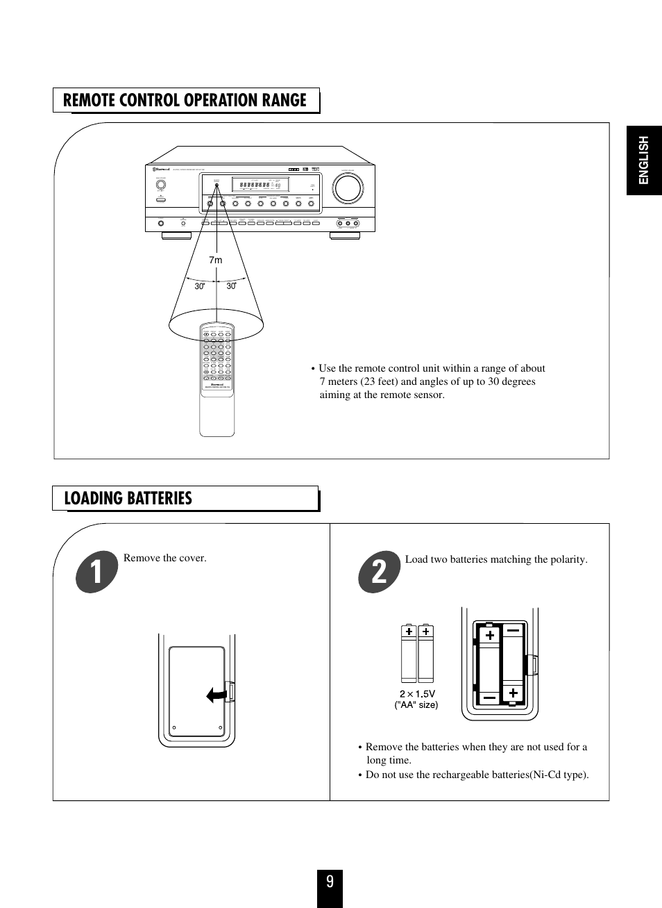 9loading batteries remote control operation range, English | Sherwood RD-6108 User Manual | Page 9 / 25