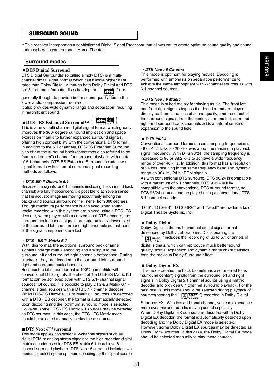 Surround sound | Sherwood R-865 User Manual | Page 31 / 76