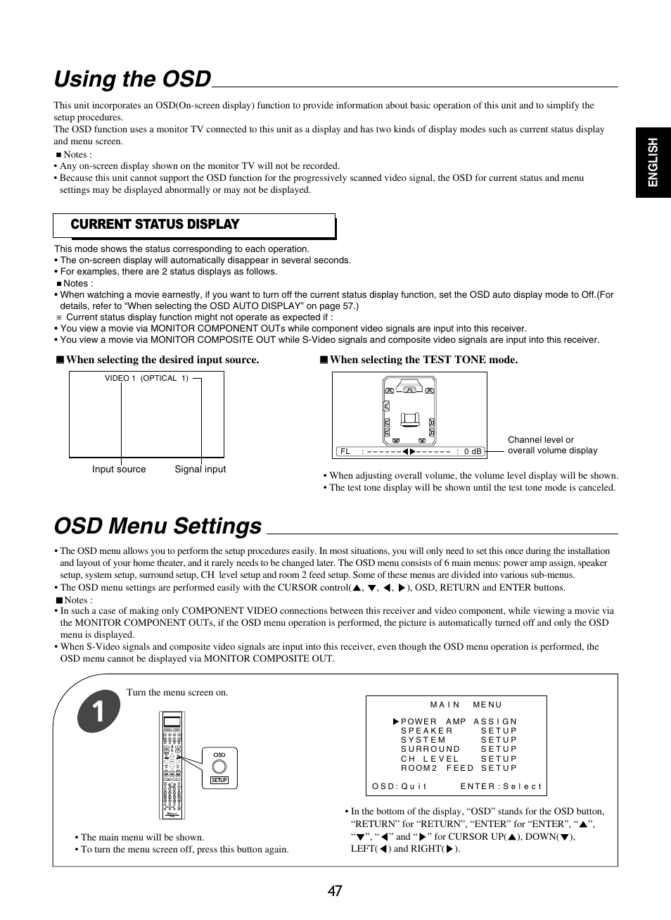 Using the osd, Osd menu settings, Current status display | Sherwood R-865 User Manual | Page 47 / 76