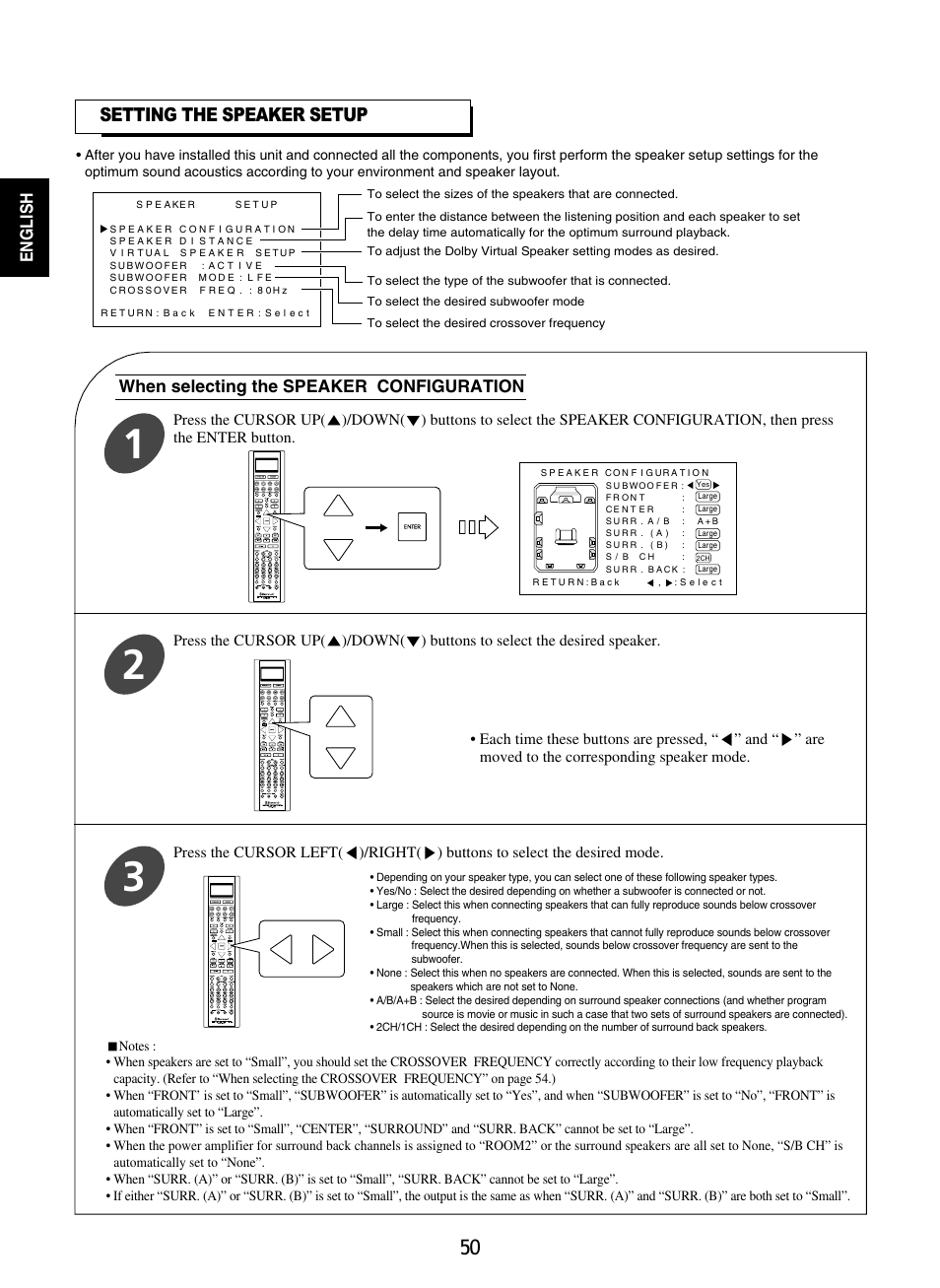 Setting the speaker setup, When selecting the speaker configuration english | Sherwood R-865 User Manual | Page 50 / 76