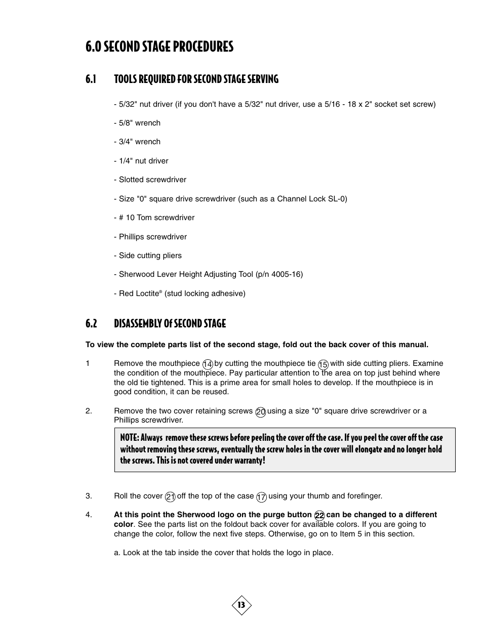 0 second stage procedures, 1 tools required for second stage serving, 2 disassembly of second stage | Sherwood MAXIMUS SRB3600 User Manual | Page 16 / 29
