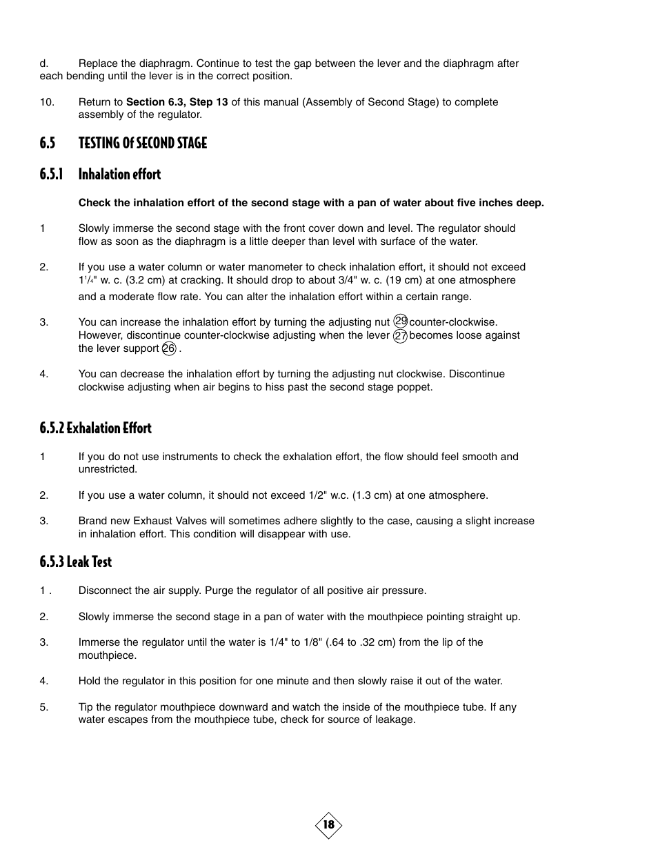 5 testing of second stage 6.5.1 inhalation effort, 2 exhalation effort, 3 leak test | Sherwood MAXIMUS SRB3600 User Manual | Page 21 / 29
