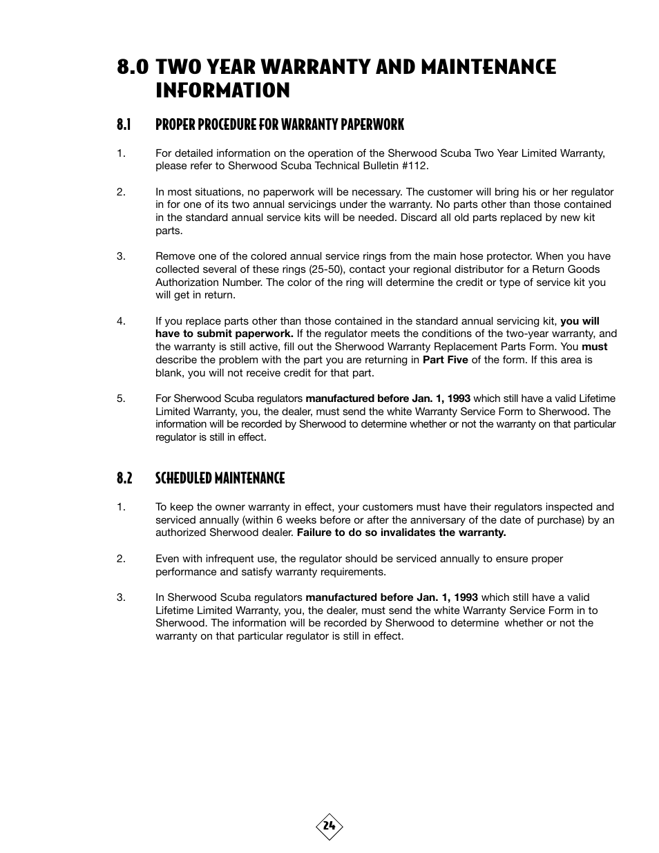 0 two year warranty and maintenance information, 1 proper procedure for warranty paperwork, 2 scheduled maintenance | Sherwood MAXIMUS SRB3600 User Manual | Page 27 / 29