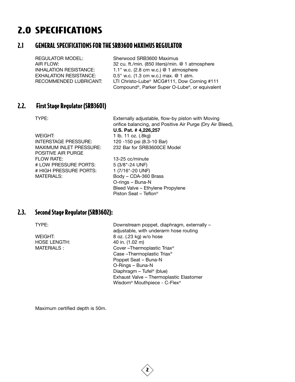 0 specifications, First stage regulator (srb3601), Second stage regulator (srb3602) | Sherwood MAXIMUS SRB3600 User Manual | Page 5 / 29