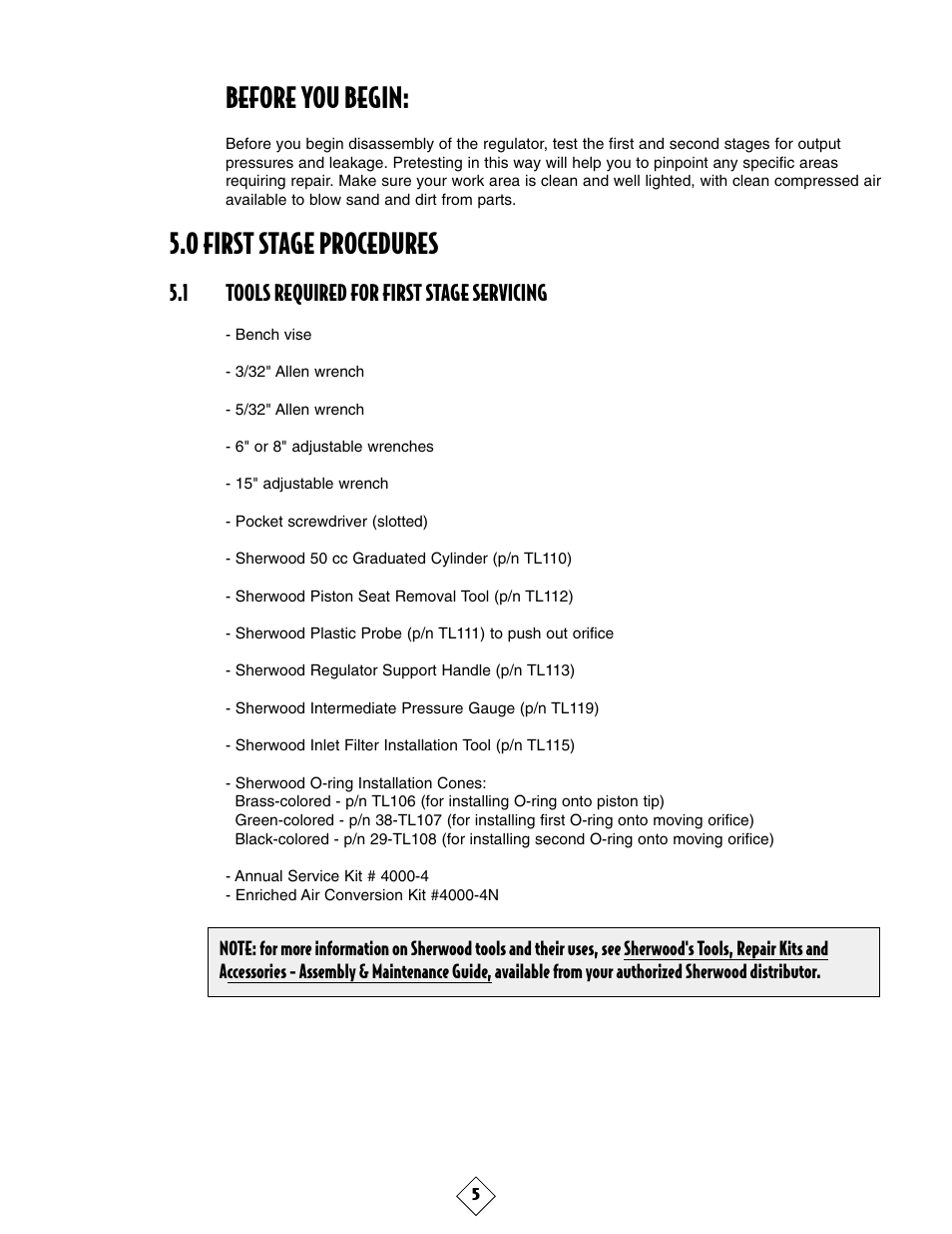 Before you begin, 0 first stage procedures, 1 tools required for first stage servicing | Sherwood MAXIMUS SRB3600 User Manual | Page 8 / 29