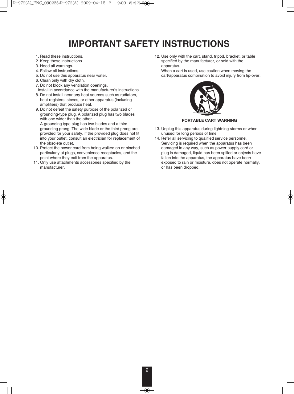 Important safety instructions | Sherwood Newcastle R-972 User Manual | Page 2 / 92