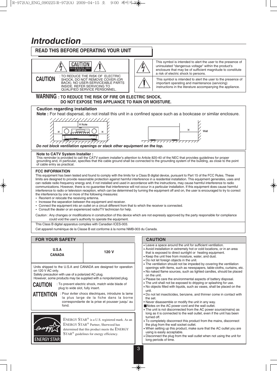 Introduction, Caution warning, Caution attention | Read this before operating your unit | Sherwood Newcastle R-972 User Manual | Page 3 / 92