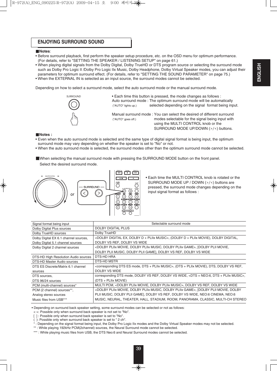 Enjoying surround sound, En g l is h 39 | Sherwood Newcastle R-972 User Manual | Page 39 / 92