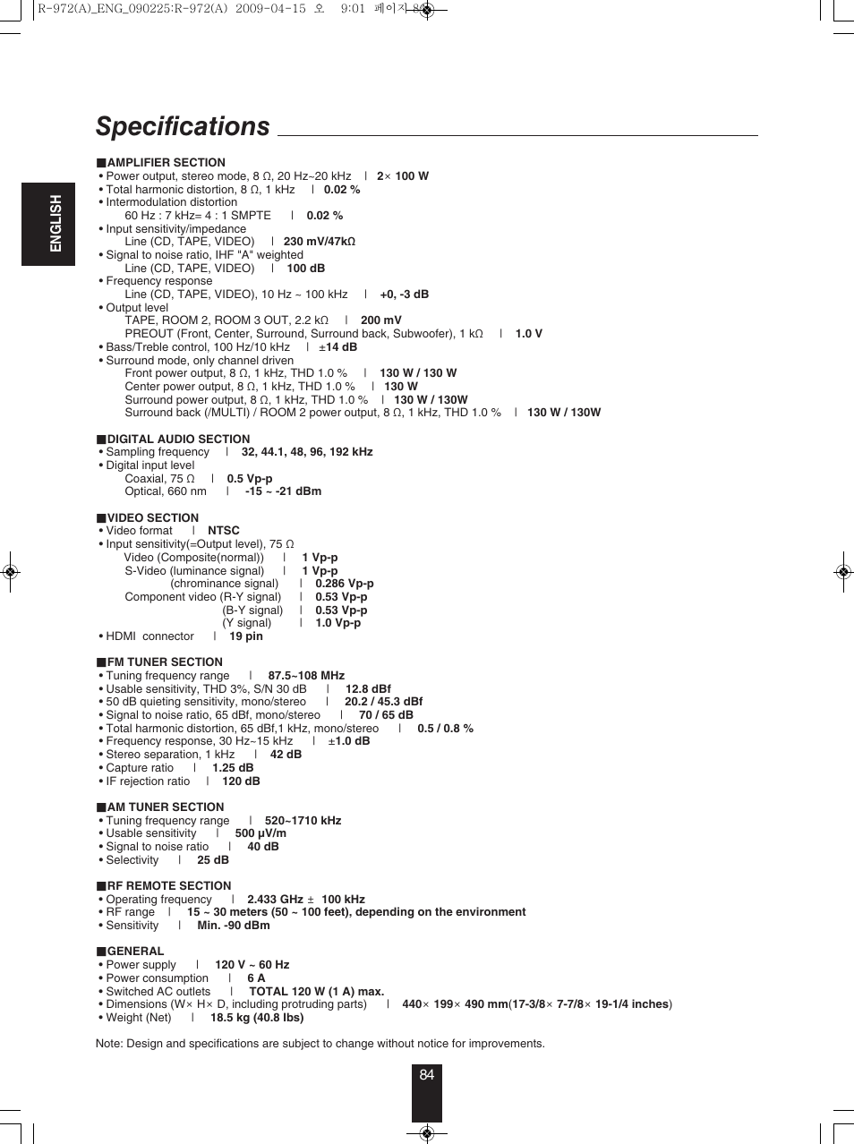 Specifications | Sherwood Newcastle R-972 User Manual | Page 84 / 92