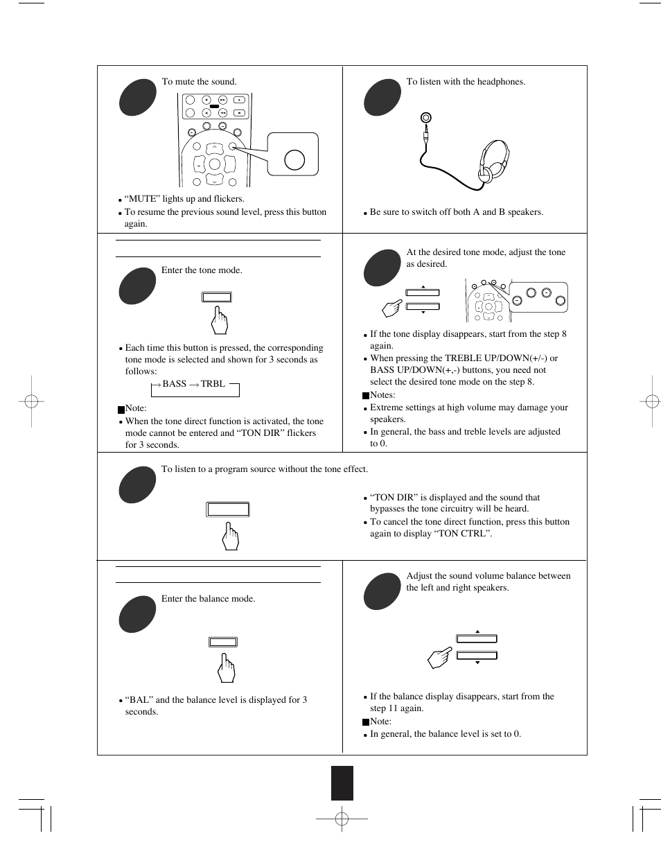 Adjusting the tone(bass and treble), Adjusting the sound volume balance, Mute | Sherwood RX-765 User Manual | Page 12 / 18