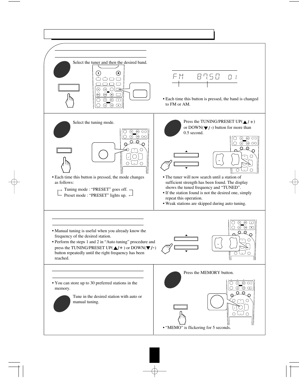 Listening to radio broadcasts, Presetting radio stations auto tuning, Manual tuning | Select the tuning mode, Band frequency, Tuner | Sherwood RX-765 User Manual | Page 13 / 18