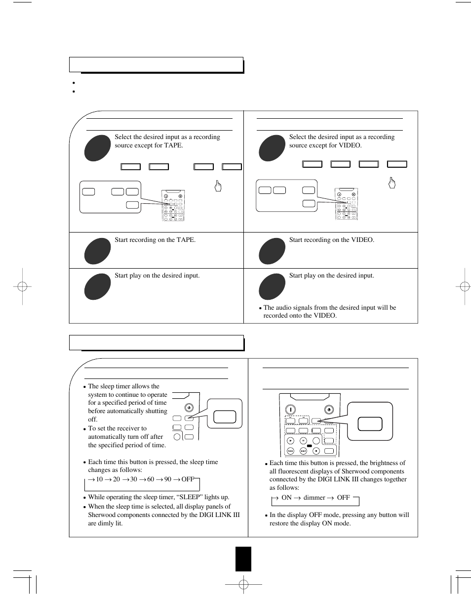 Other functions, Recording, Operating the sleep timer | Recording with tape, Recording with video, Start recording on the tape, Start play on the desired input, Start recording on the video, Power on, Power on standby standby speaker speaker cd cd | Sherwood RX-765 User Manual | Page 15 / 18