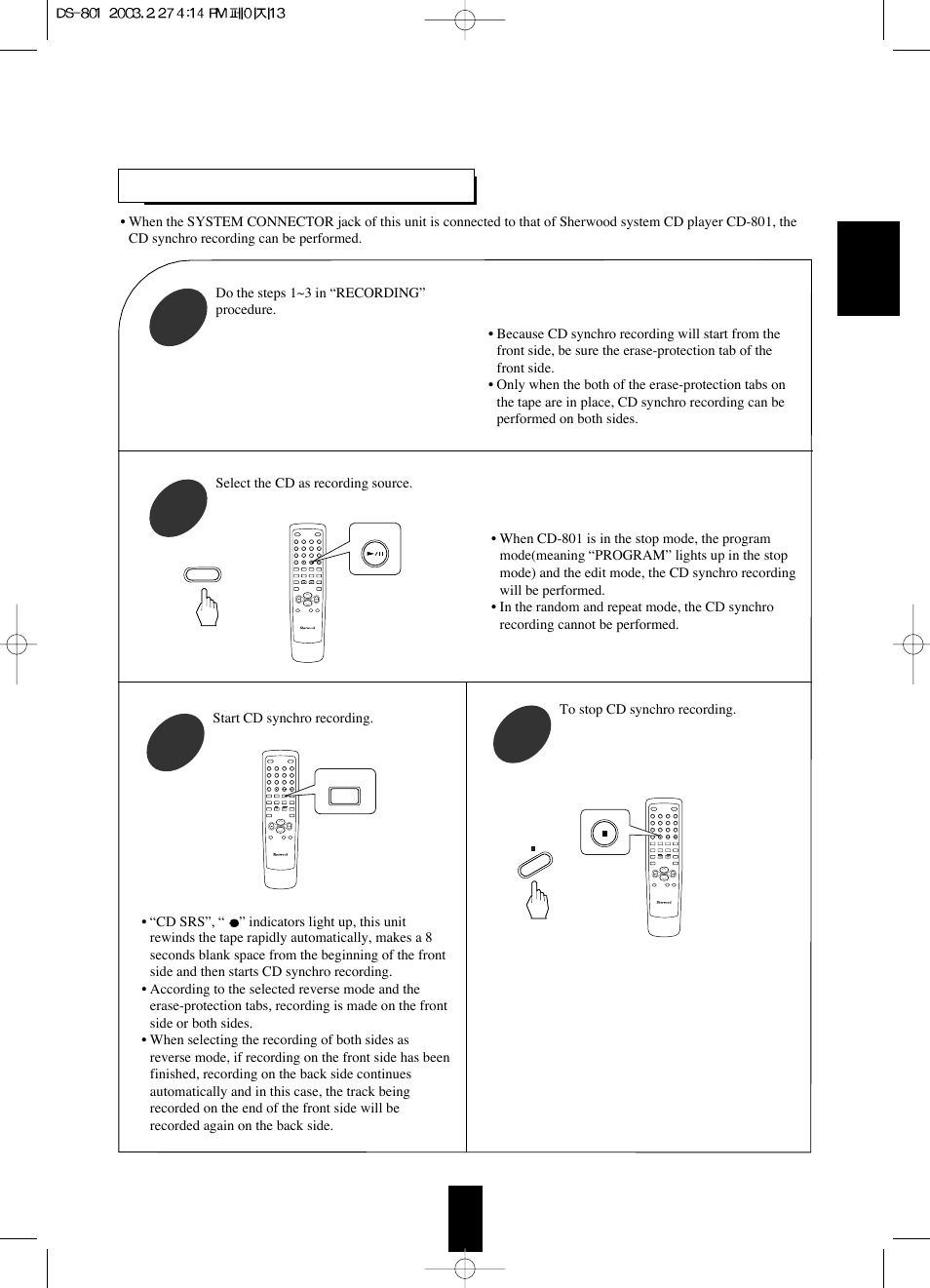 Cd synchro recording | Sherwood DS-801 User Manual | Page 13 / 16