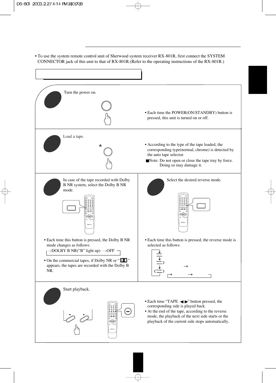 Operations, Playing back a tape | Sherwood DS-801 User Manual | Page 9 / 16