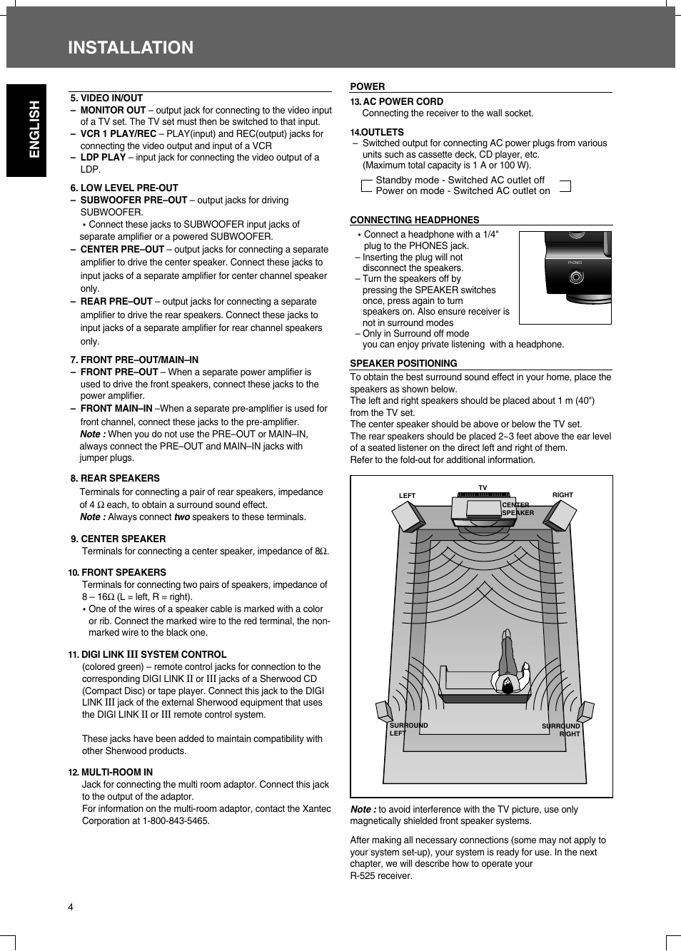 Installation, English | Sherwood R-525 User Manual | Page 4 / 13