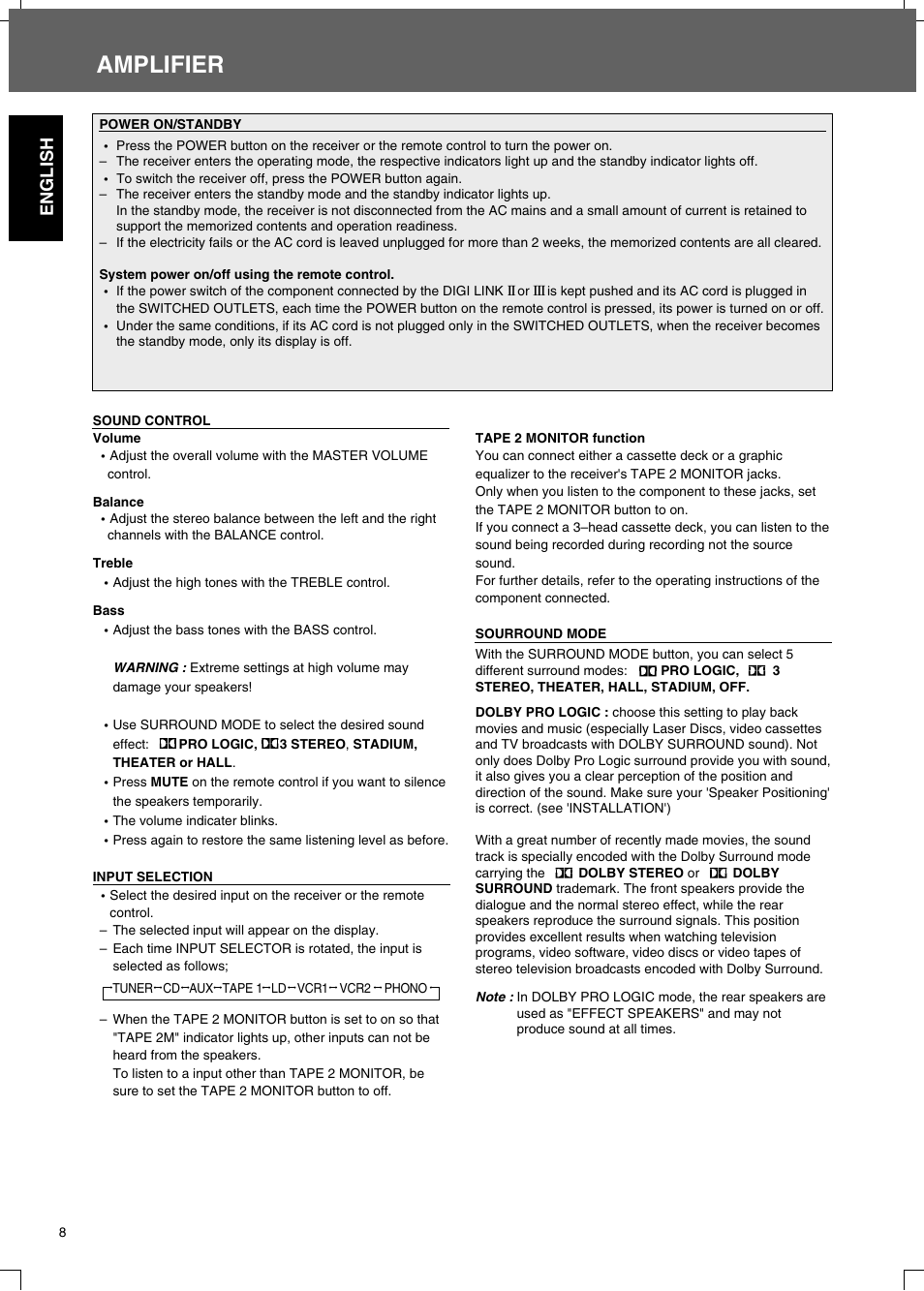 Amplifier, English | Sherwood R-525 User Manual | Page 8 / 13