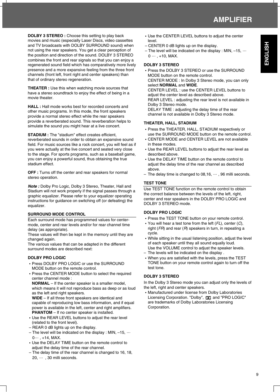 Amplifier, English | Sherwood R-525 User Manual | Page 9 / 13