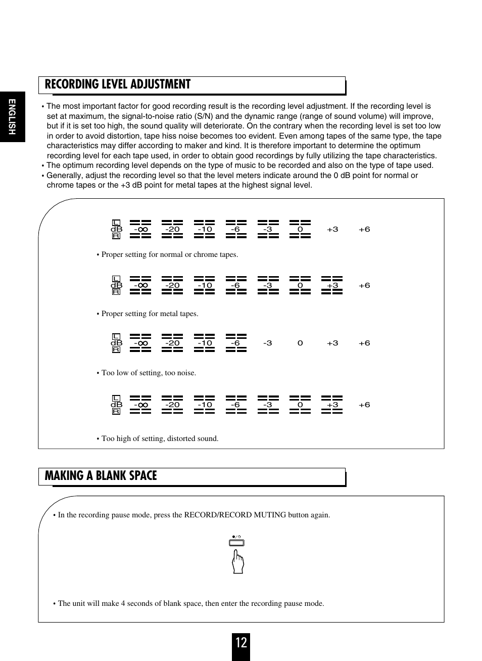 Recording level adjustment, Making a blank space | Sherwood D-480 User Manual | Page 12 / 20