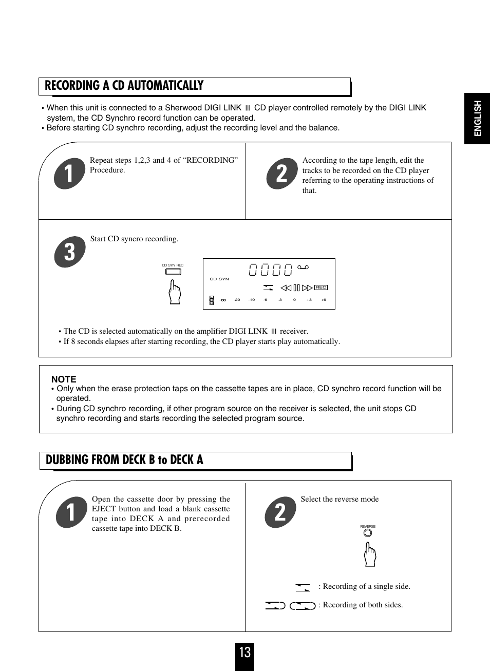 Recording a cd automatically, Dubbing from deck b to deck a | Sherwood D-480 User Manual | Page 13 / 20