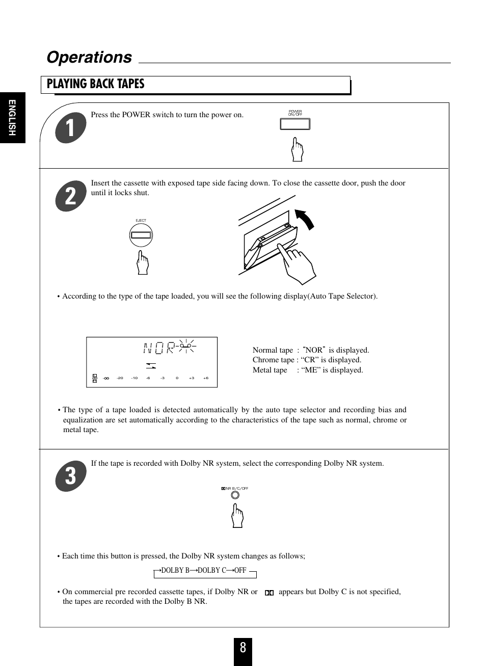 Operations, Playing back tapes, English | Sherwood D-480 User Manual | Page 8 / 20