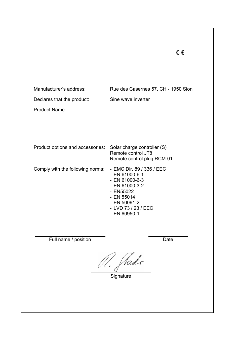 Declaration of conformity | Studer Innotec AJ SERIES User Manual | Page 24 / 24