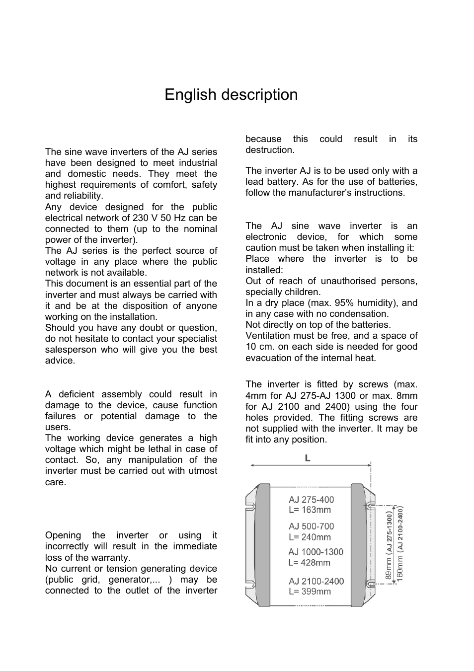 English description | Studer Innotec AJ SERIES User Manual | Page 3 / 24
