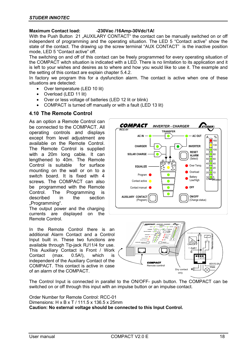 The remote control, Compact, User manual compact v2.0 e 18 | Studer Innotec C3548 COMPACT User Manual | Page 18 / 23