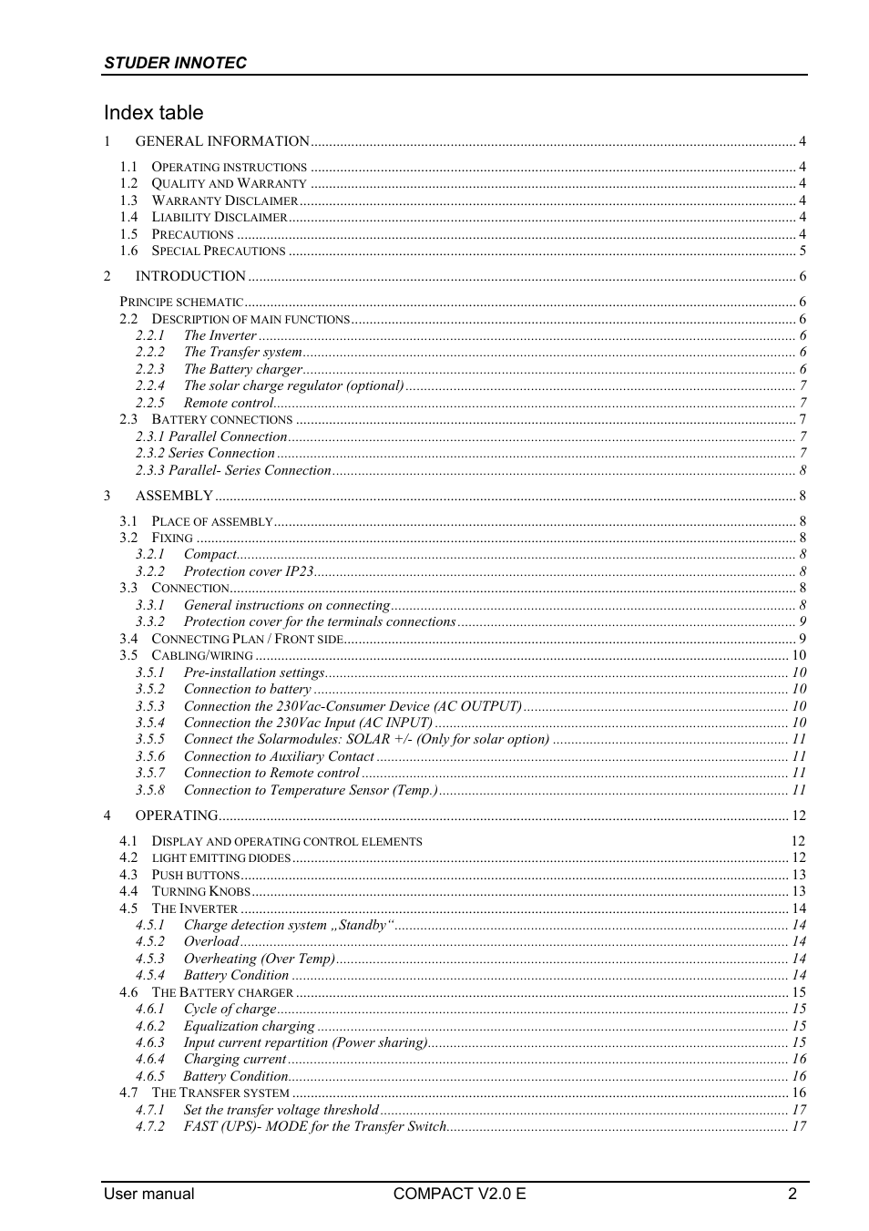 Index table, Compact | Studer Innotec C3548 COMPACT User Manual | Page 2 / 23