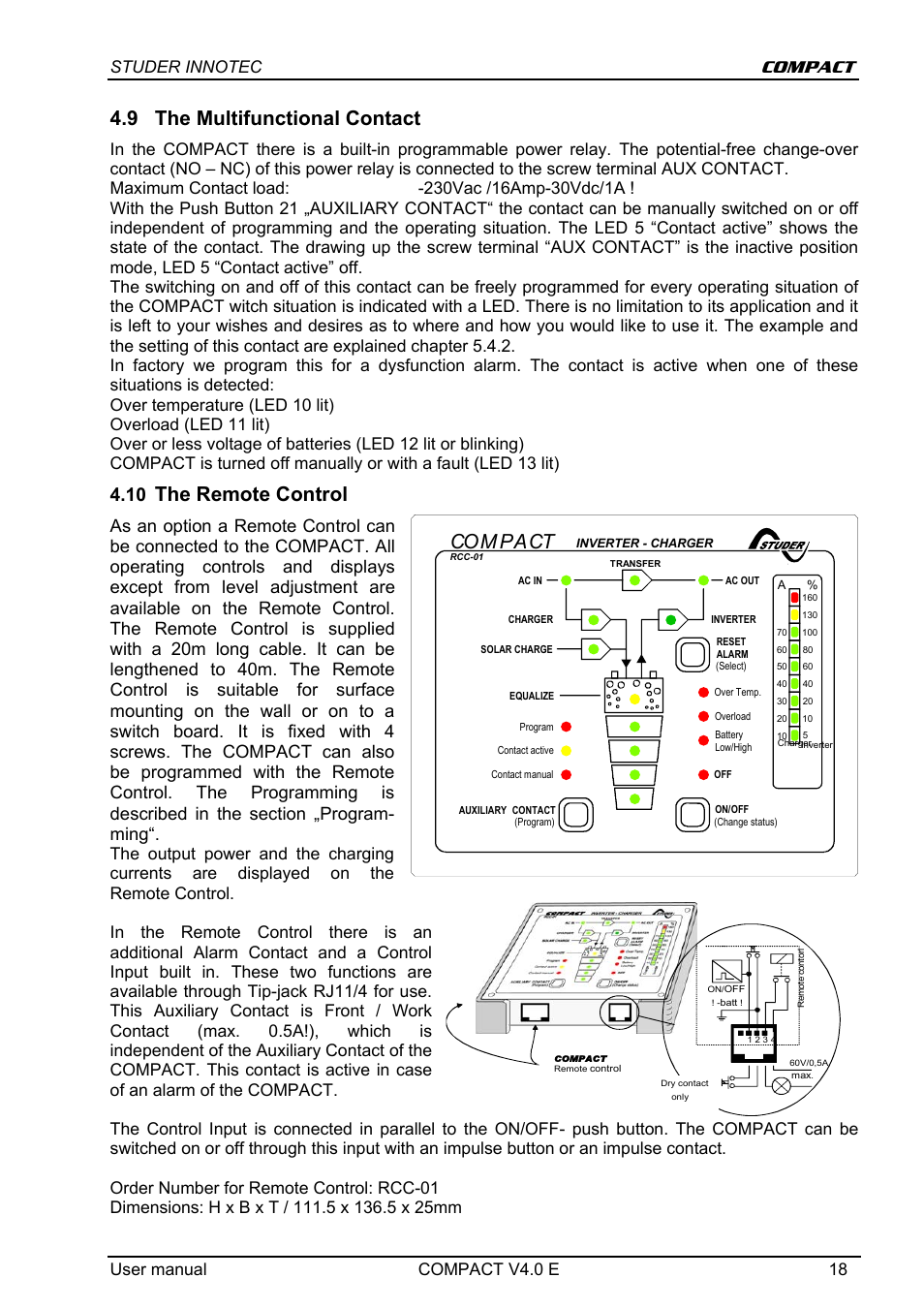 9 the multifunctional contact, The remote control, Com pact | Compact, User manual compact v4.0 e 18 | Studer Innotec C 1600-12 User Manual | Page 18 / 23
