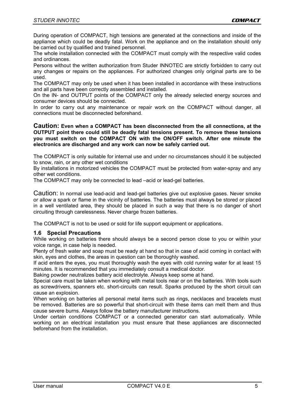 Caution | Studer Innotec C 1600-12 User Manual | Page 5 / 23