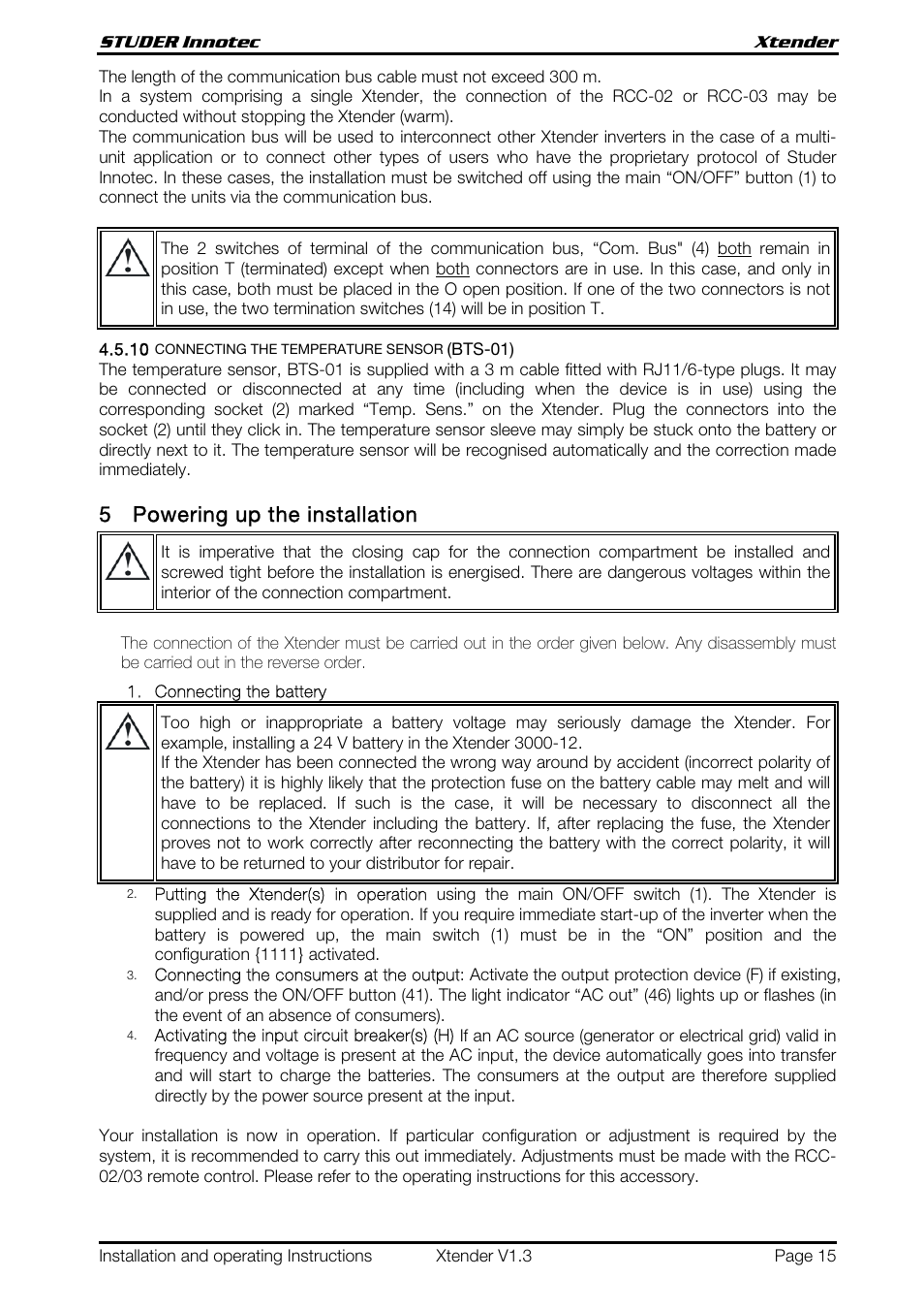 5powering up the installation | Studer Innotec XTH 5000-24 User Manual | Page 15 / 36