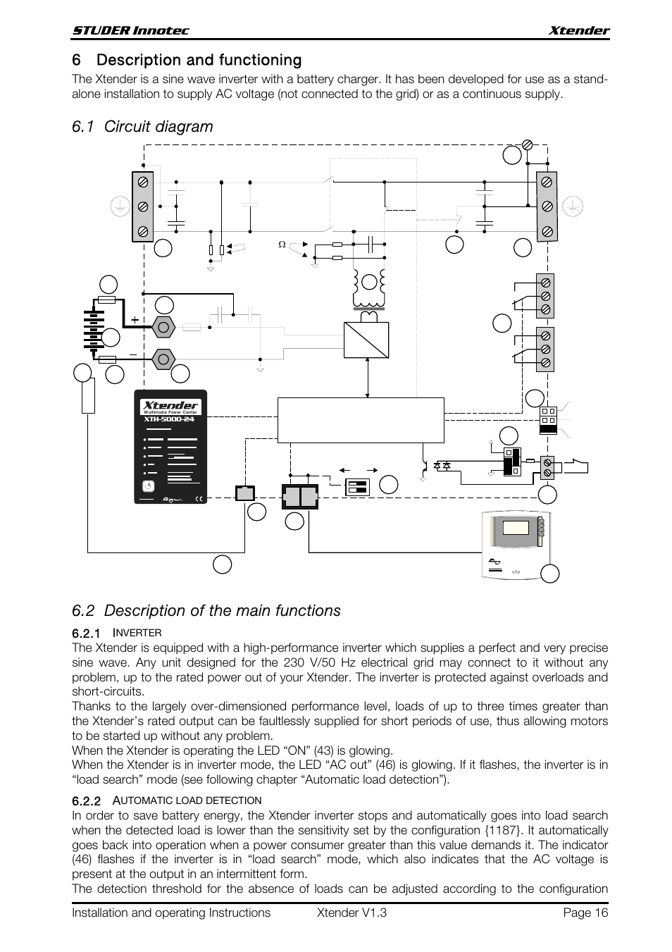 Au x 2 au x 1, 6description and functioning, 1 circuit diagram | 2 description of the main functions | Studer Innotec XTH 5000-24 User Manual | Page 16 / 36