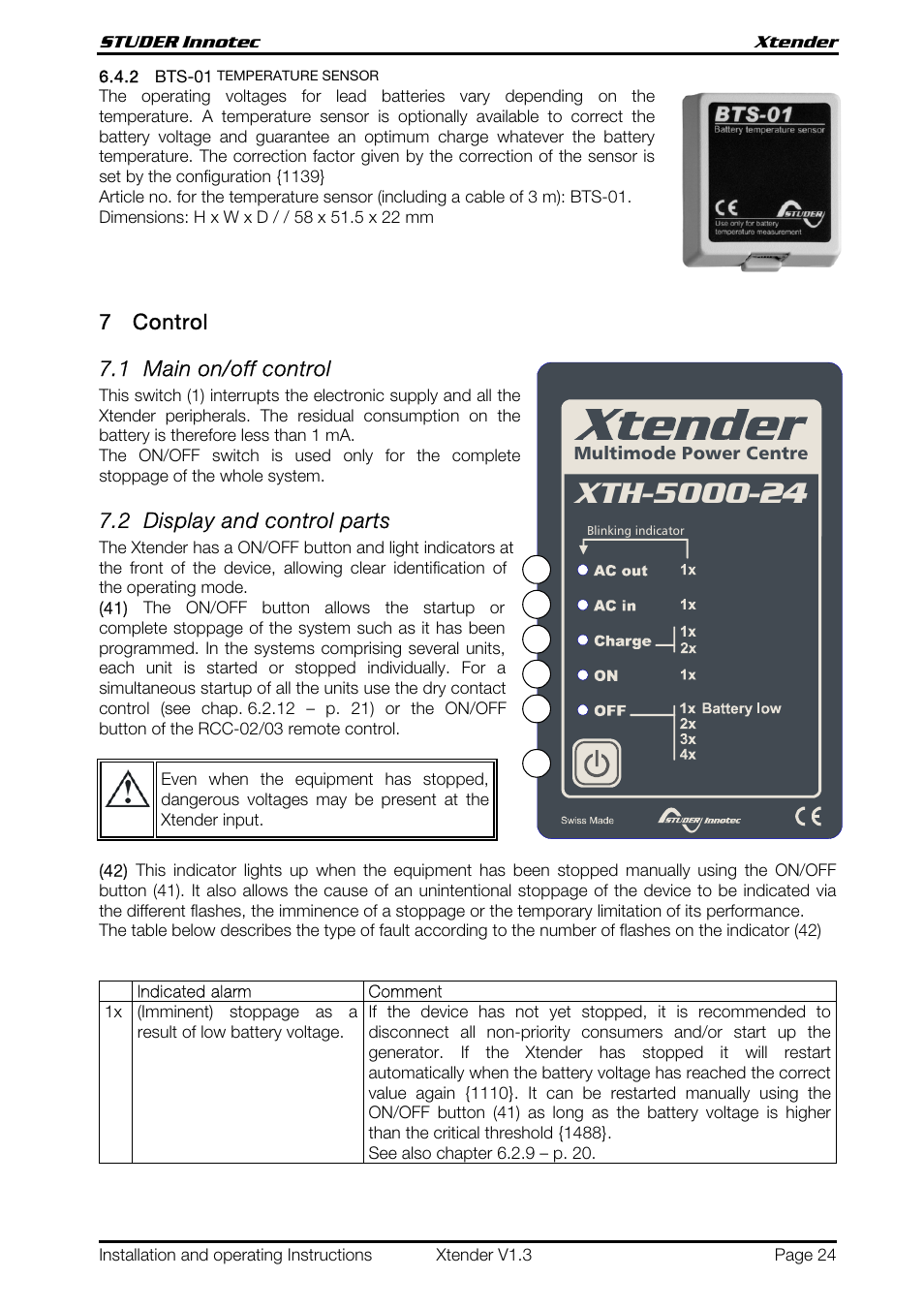 7control 7.1 main on/off control, 2 display and control parts | Studer Innotec XTH 5000-24 User Manual | Page 24 / 36