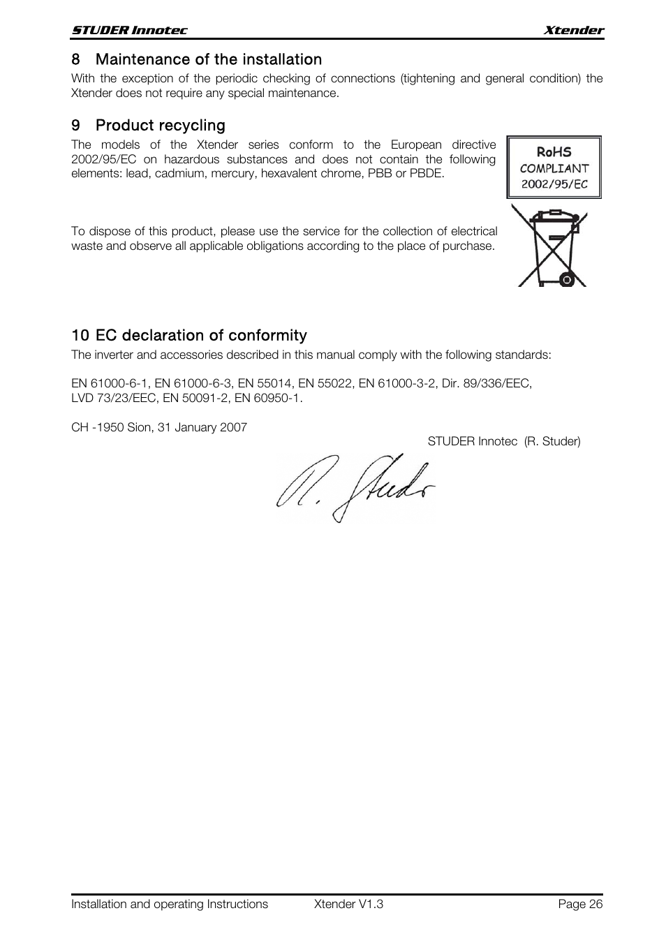 8maintenance of the installation, 9product recycling, 10 ec declaration of conformity | Studer Innotec XTH 5000-24 User Manual | Page 26 / 36