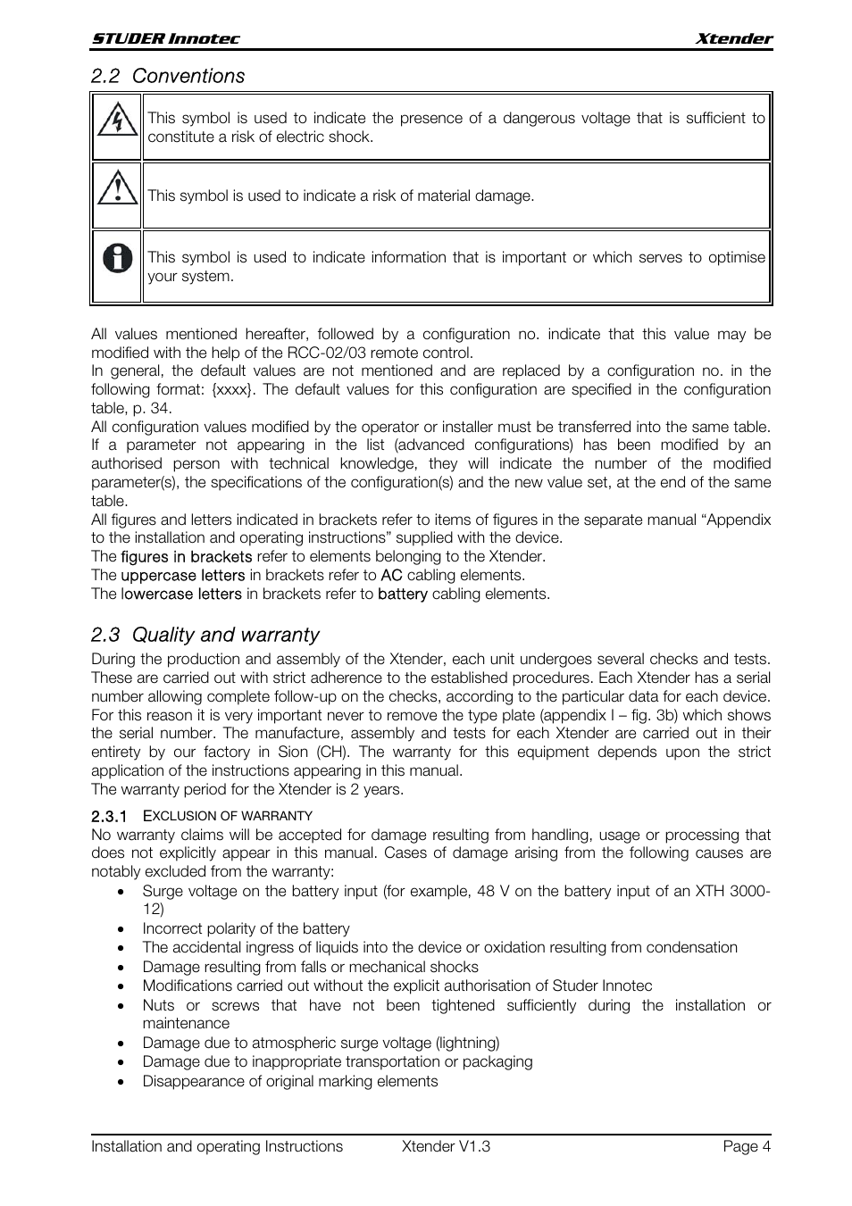 2 conventions, 3 quality and warranty | Studer Innotec XTH 5000-24 User Manual | Page 4 / 36