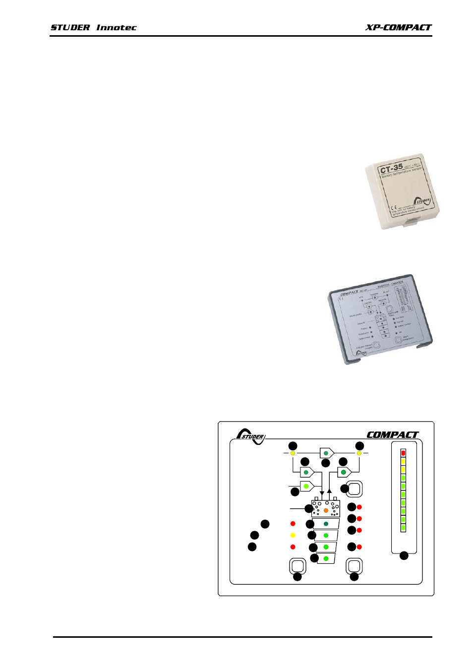 5 the remote control, Compact, 10 the multifunctional contact | 11 the temperature sensor, 1 remote control plug-in, 2 power monitor, Xp-compact, User manual xp-compact v5.1 e 16 | Studer Innotec XPC 2200-48 User Manual | Page 17 / 23