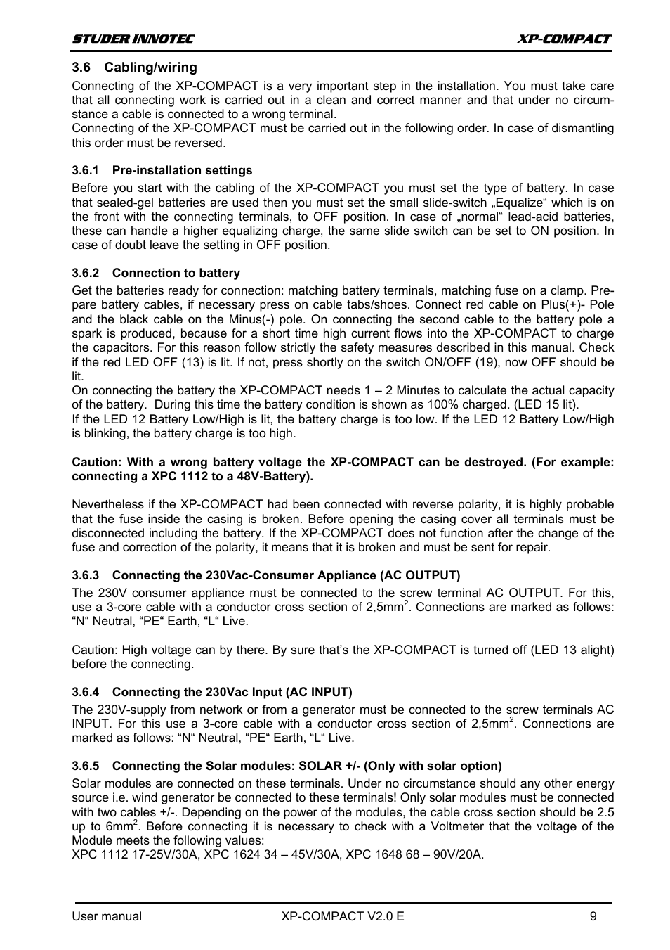 Cabling/wiring, Pre-installation settings, Connection to battery | Connecting the 230vac input (ac input), Abling, Wiring | Studer Innotec XPC 1112 User Manual | Page 10 / 22