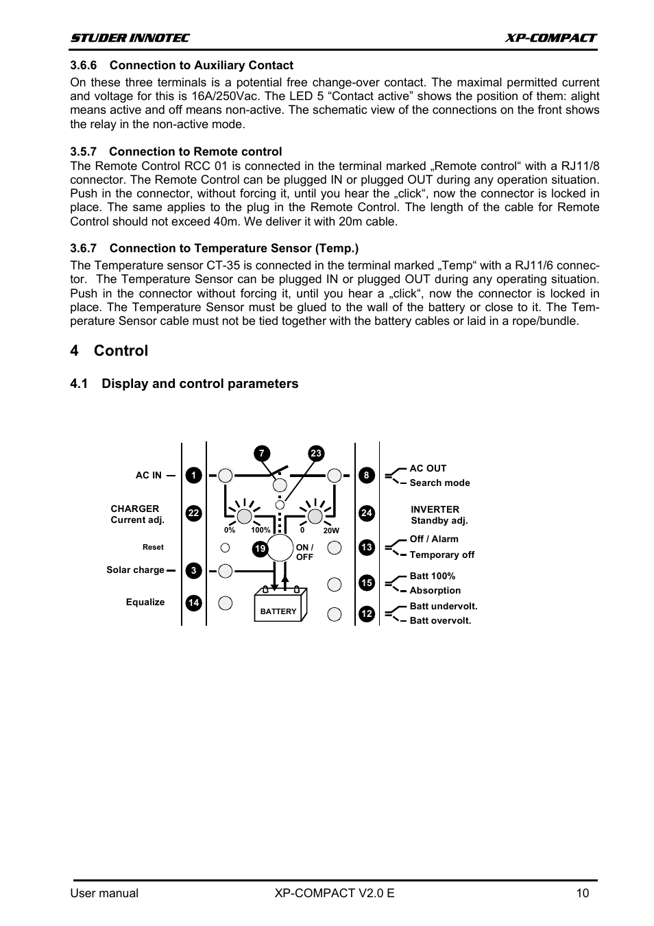 Connection to auxiliary contact, Connection to temperature sensor (temp.), Control | Display and control parameters, Isplay and control parameters, 4 control, 1 display and control parameters | Studer Innotec XPC 1112 User Manual | Page 11 / 22