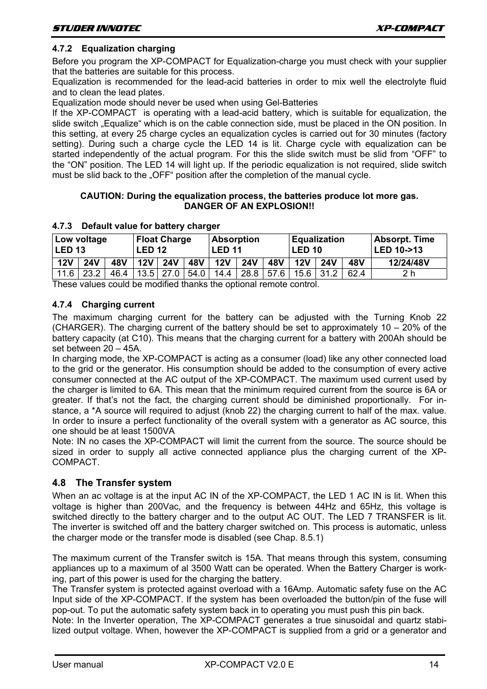 Equalization charging, Default value for battery charger, Charging current | The transfer system, Ransfer system | Studer Innotec XPC 1112 User Manual | Page 15 / 22