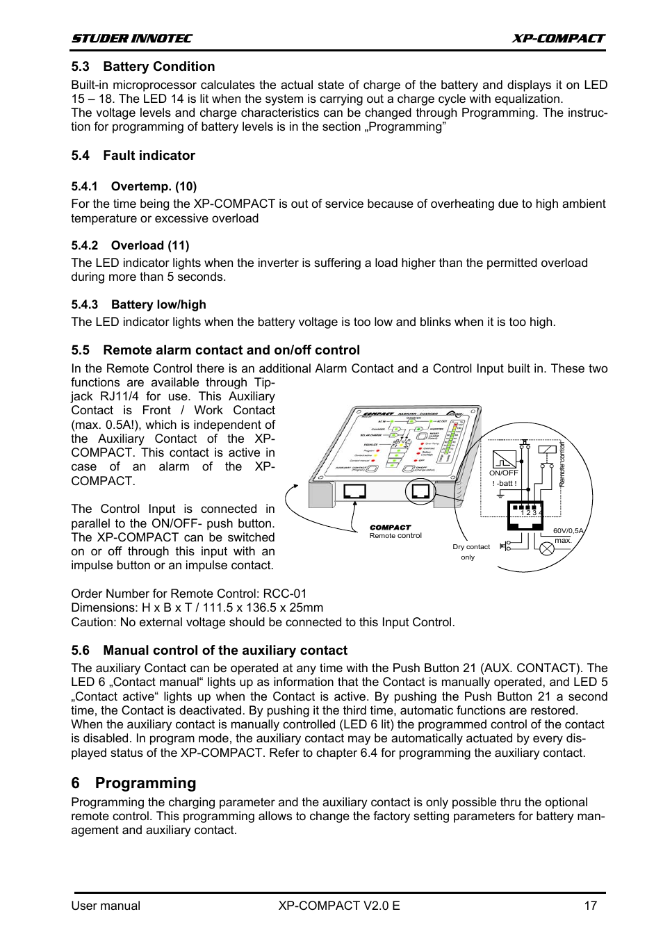 Battery condition, Fault indicator, Overtemp. (10) | Overload (11), Battery low/high, Remote alarm contact and on/off control, Manual control of the auxiliary contact, Programming, Attery, Ondition | Studer Innotec XPC 1112 User Manual | Page 18 / 22