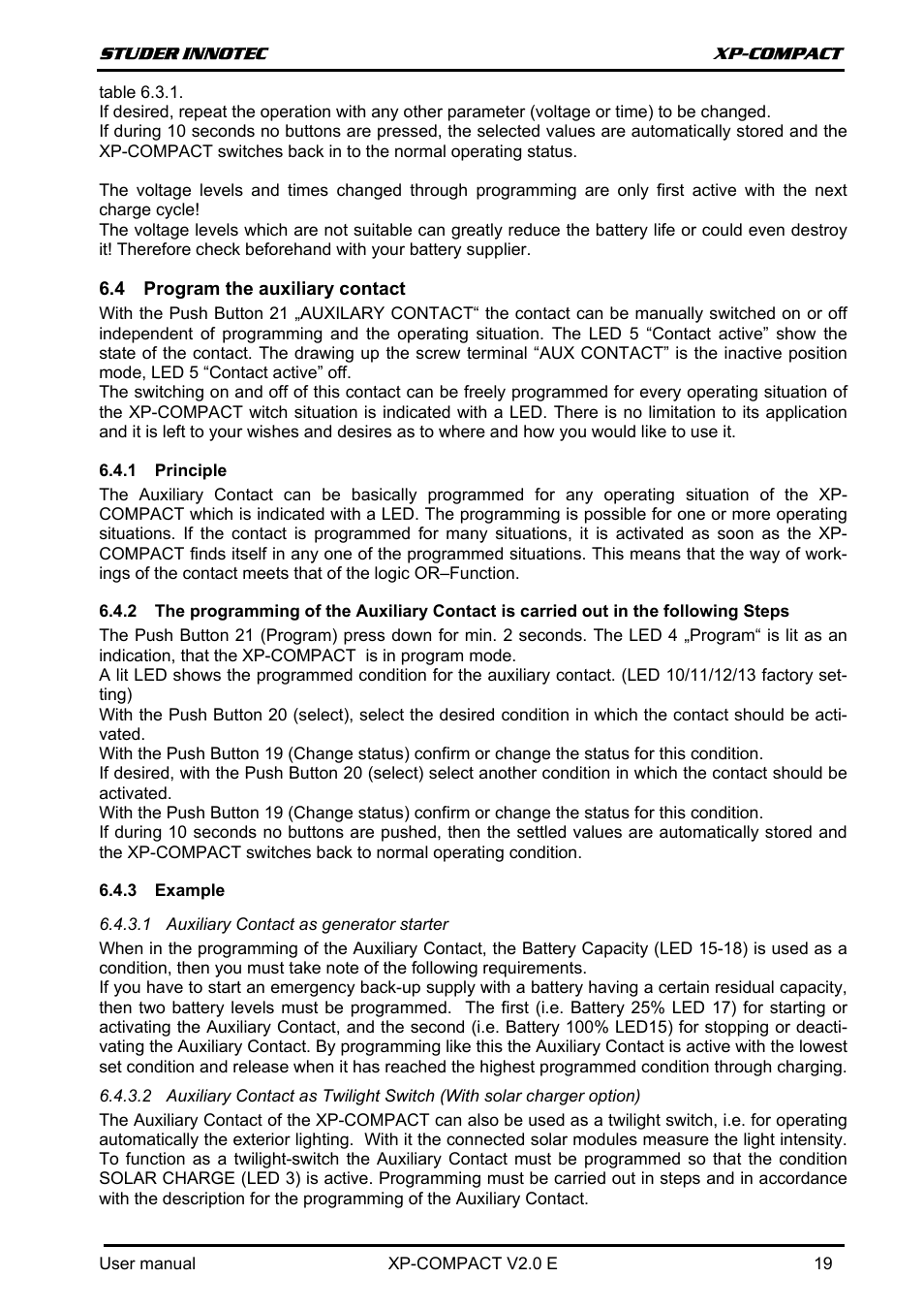 Program the auxiliary contact, Principle, Example | Auxiliary contact as generator starter, Rogram the auxiliary contact | Studer Innotec XPC 1112 User Manual | Page 20 / 22