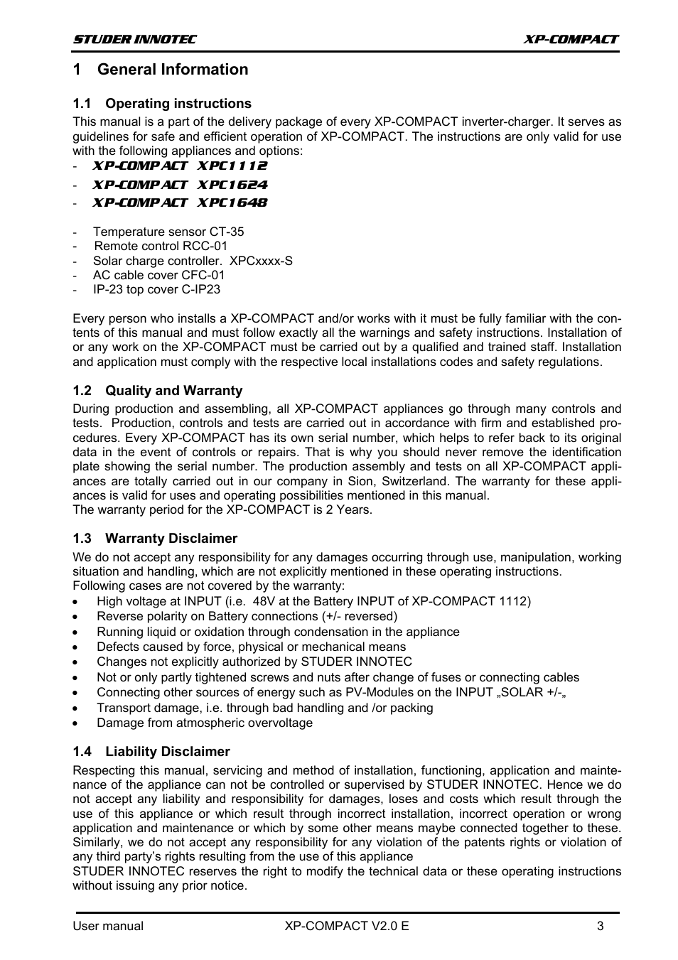 General information, Operating instructions, Quality and warranty | Warranty disclaimer, Liability disclaimer, Perating instructions, Uality and, Arranty, Isclaimer, Iability | Studer Innotec XPC 1112 User Manual | Page 4 / 22