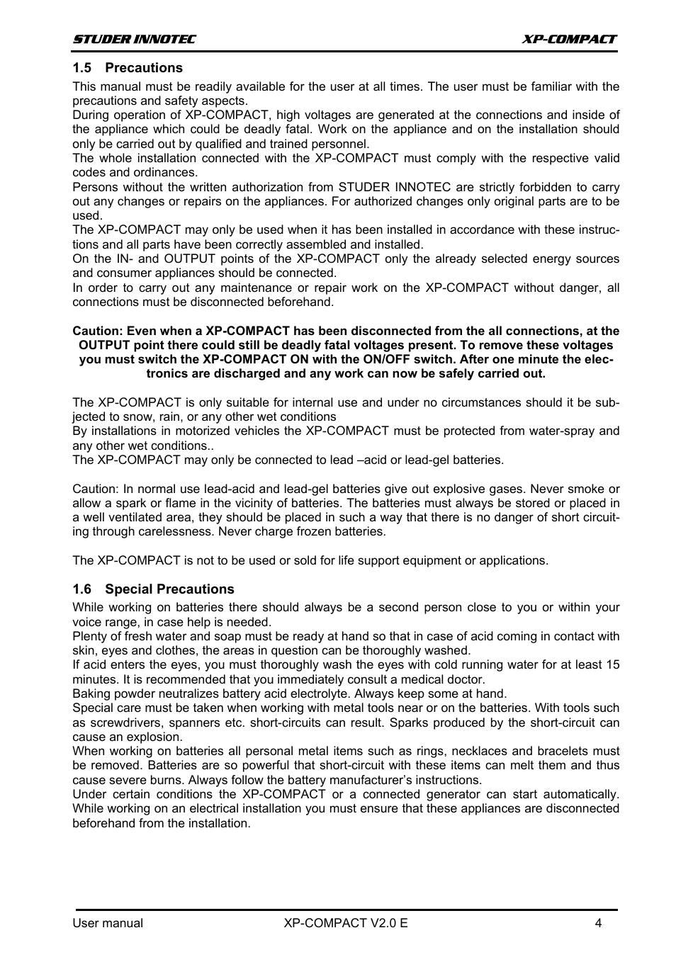 Precautions, Special precautions, Recautions | Pecial | Studer Innotec XPC 1112 User Manual | Page 5 / 22