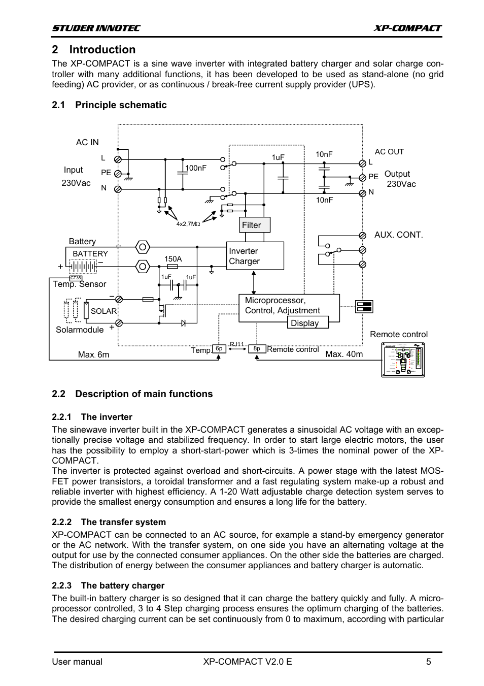 Introduction, Principle schematic, Description of main functions | The inverter, The transfer system, The battery charger, Rinciple schematic, Escription of main functions, 2 introduction, 1 principle schematic | Studer Innotec XPC 1112 User Manual | Page 6 / 22