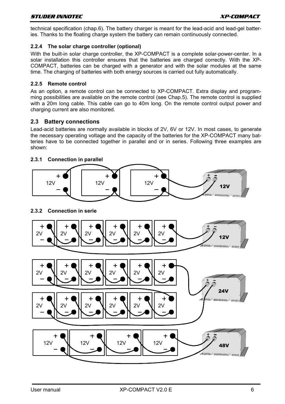 The solar charge controller (optional), Remote control, Battery connections | Connection in parallel, Connection in serie, Attery connections | Studer Innotec XPC 1112 User Manual | Page 7 / 22