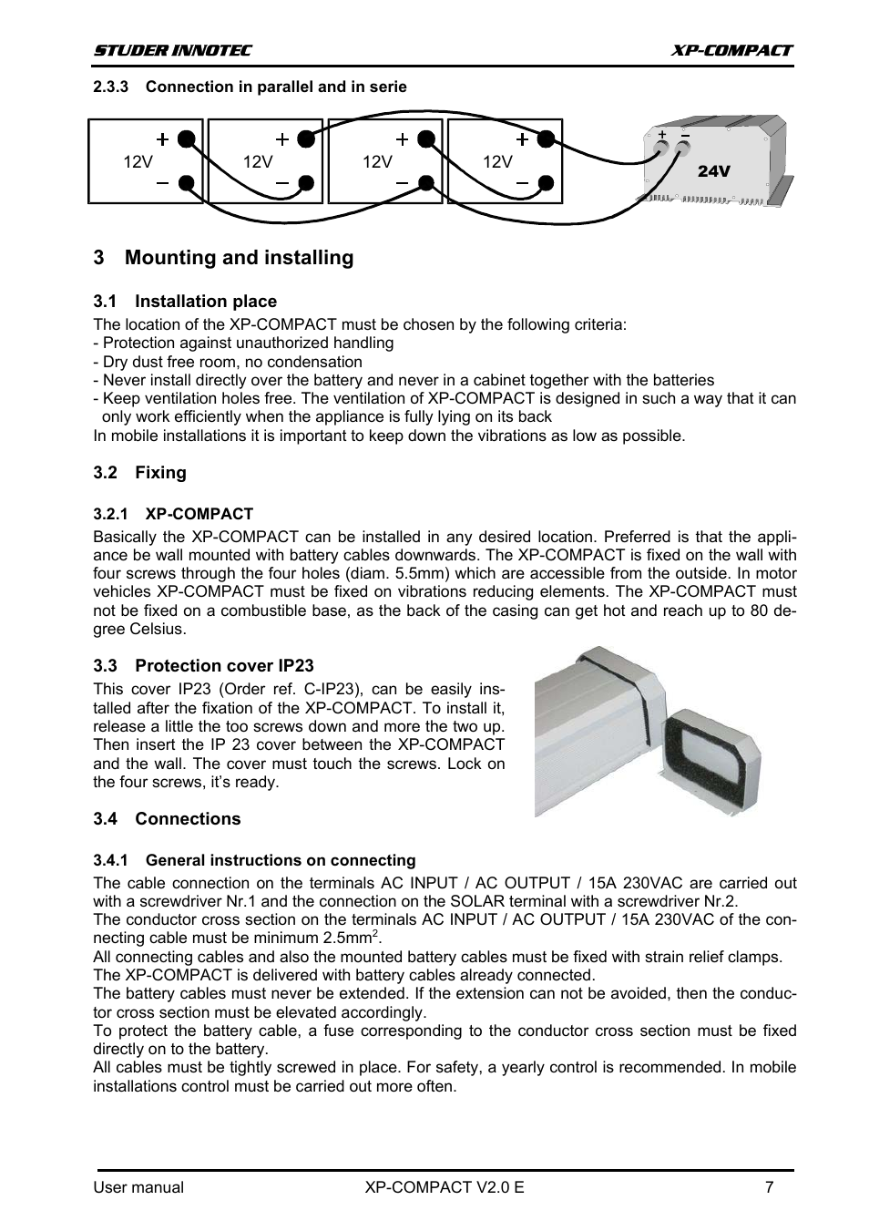Connection in parallel and in serie, Mounting and installing, Installation place | Fixing, Xp-compact, Protection cover ip23, Connections, General instructions on connecting, Nstallation place, Ixing | Studer Innotec XPC 1112 User Manual | Page 8 / 22