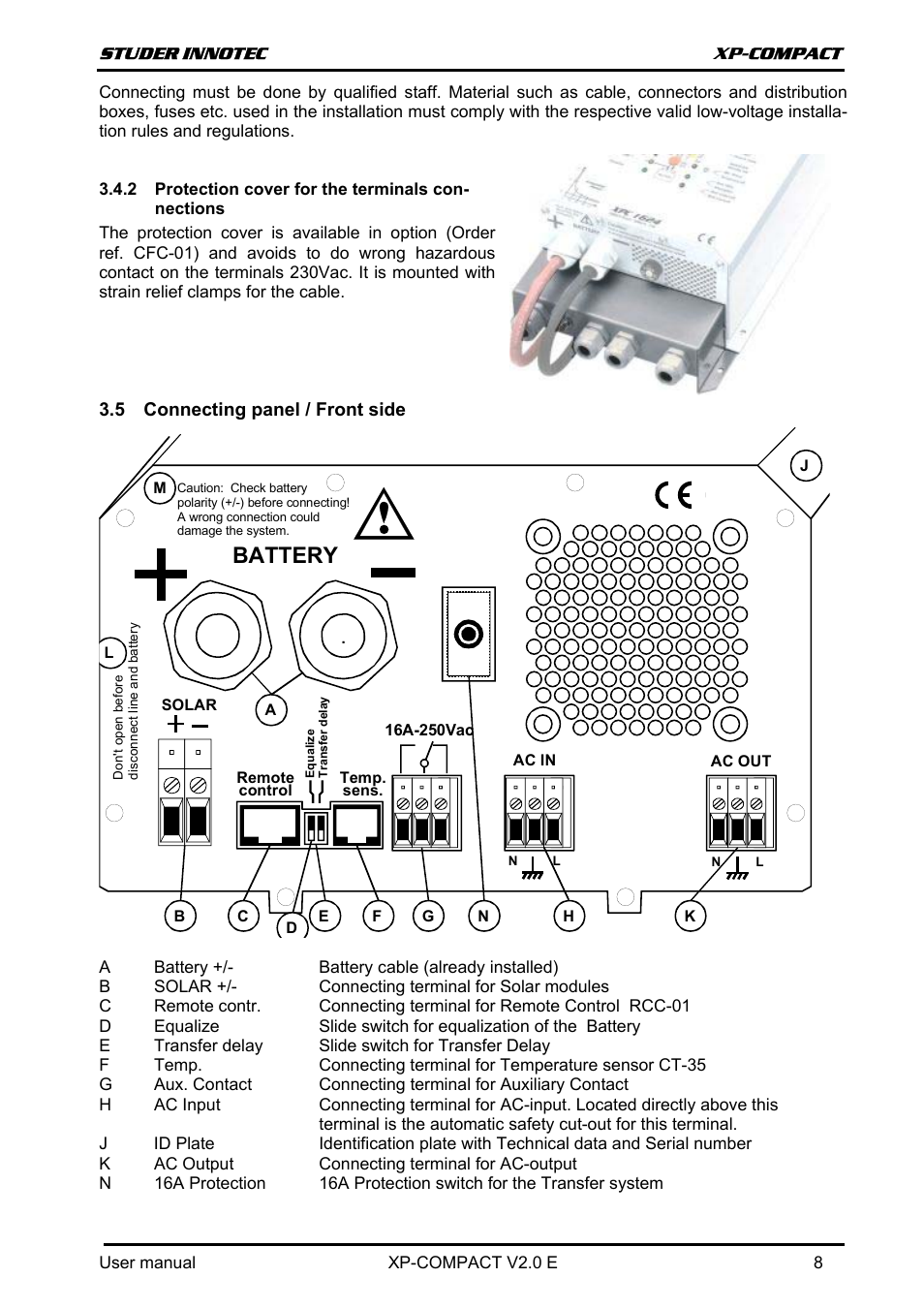 Protection cover for the terminals connections, Connecting panel / front side, Onnecting panel | Ront side, Battery | Studer Innotec XPC 1112 User Manual | Page 9 / 22