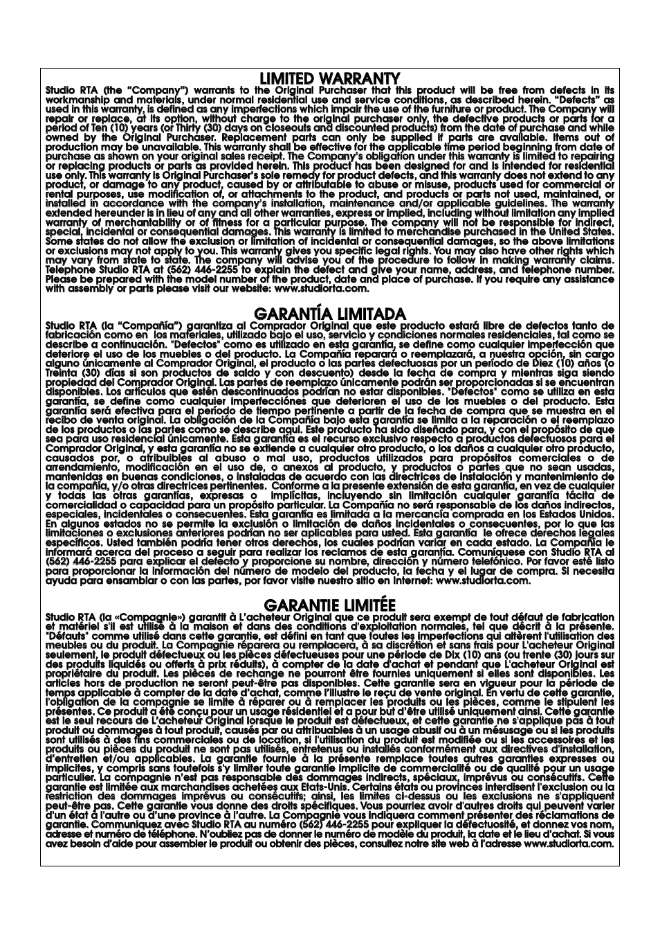 Gga ar ra an nt tíía a l liim miit ta ad da a, Lliim miit te ed d w wa ar rr ra an nt ty y, Gga ar ra an nt tiie e l liim miit té ée e | Studio RTA Fierro 402875 User Manual | Page 12 / 14