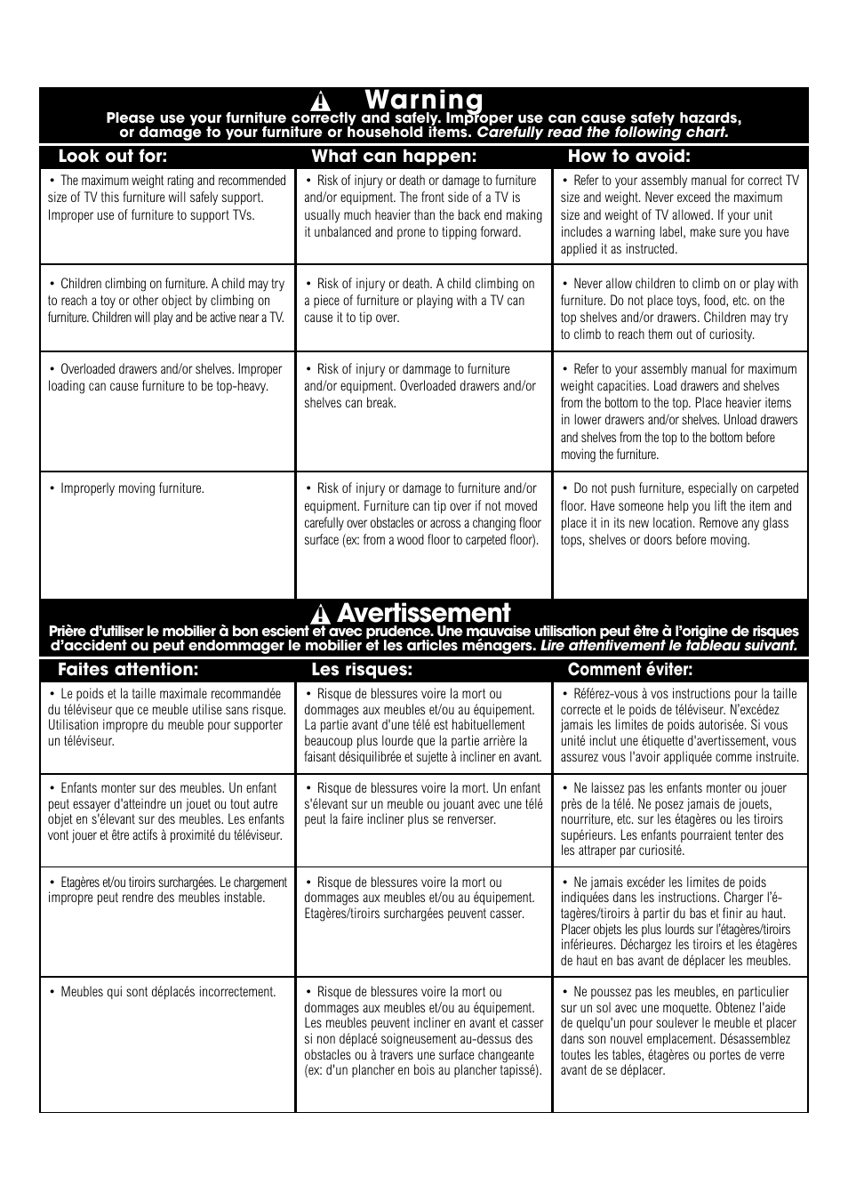 Warning, Avertissement | Studio RTA Fierro 402875 User Manual | Page 13 / 14